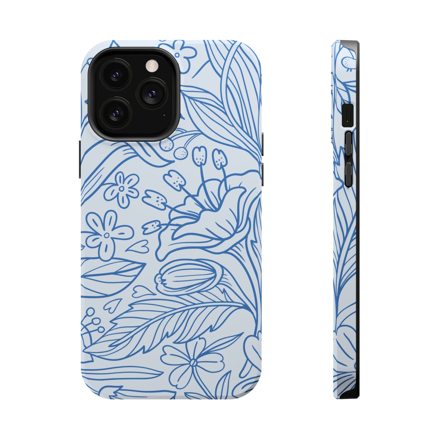 Dusty Blue Floral Line Art Tough MagSafe iPhone Case – Minimalist Botanical Design with Dual-Layer Protection