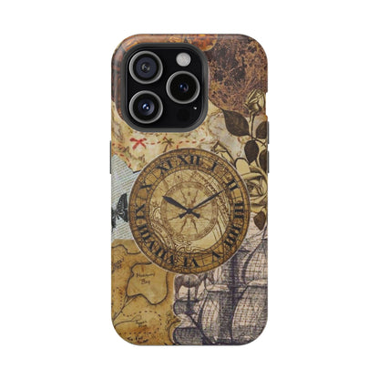 Steampunk Vintage Adventure MagSafe iPhone Case – Dual-Layer Protection with Antique Map and Clock Design