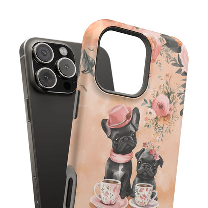 Floral French Bulldogs MagSafe iPhone Case – Elegant Dog Design with Tea Cups & Roses, Shockproof Protection