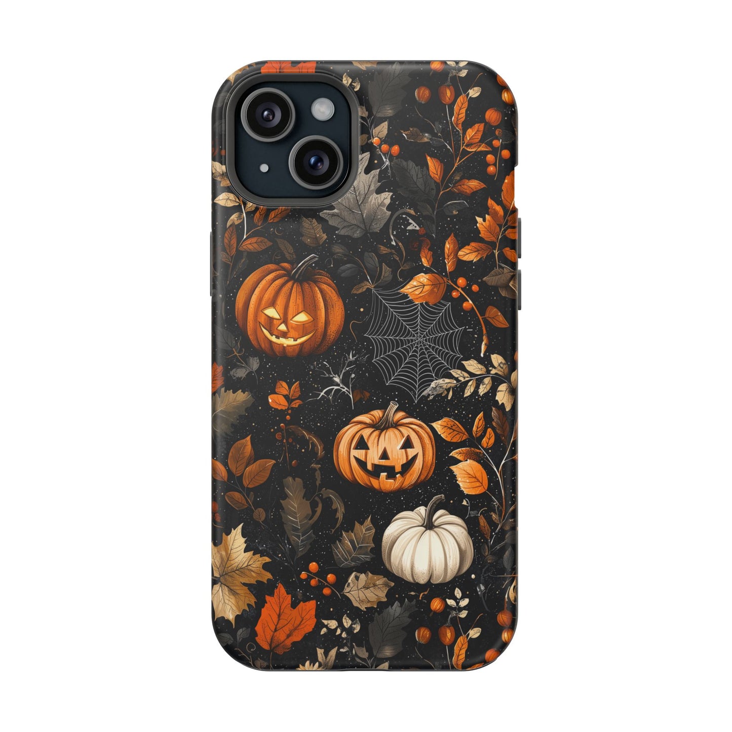 Elegant Halloween MagSafe iPhone Case – Pumpkin Jack-o'-Lanterns, Cobwebs & Autumn Foliage Design