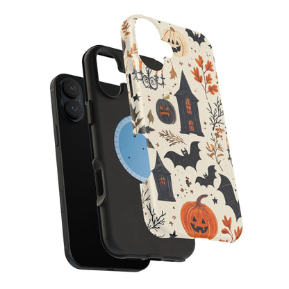 Haunted Halloween MagSafe iPhone Case – Haunted House, Bats, and Pumpkins Design