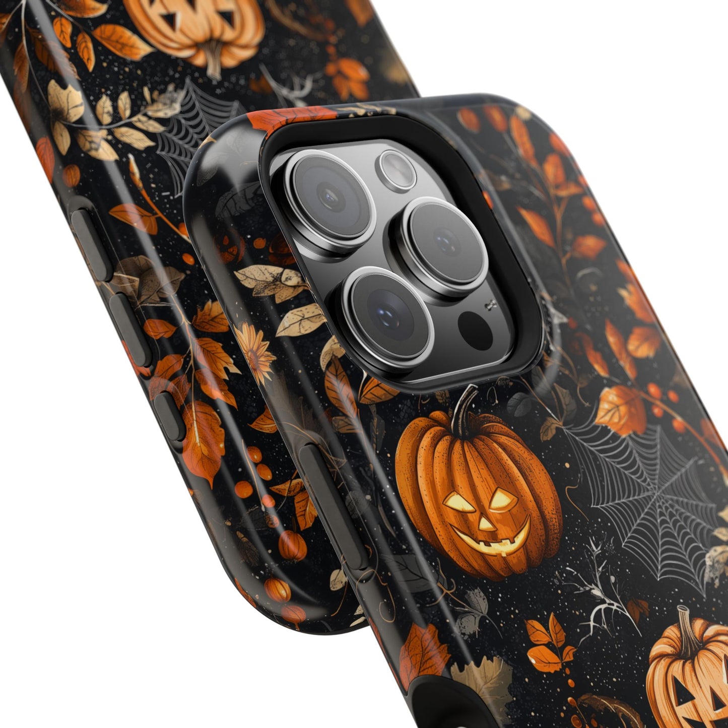 Elegant Halloween MagSafe iPhone Case – Pumpkin Jack-o'-Lanterns, Cobwebs & Autumn Foliage Design