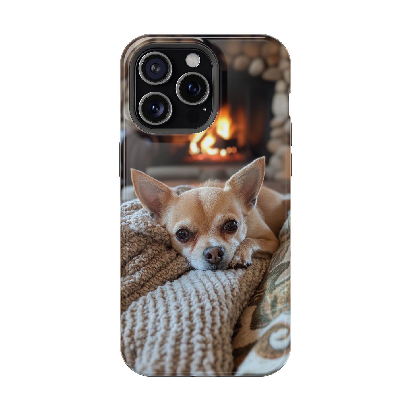 Relaxing Chihuahua by Fireplace MagSafe iPhone Case – Functional and Cozy Design