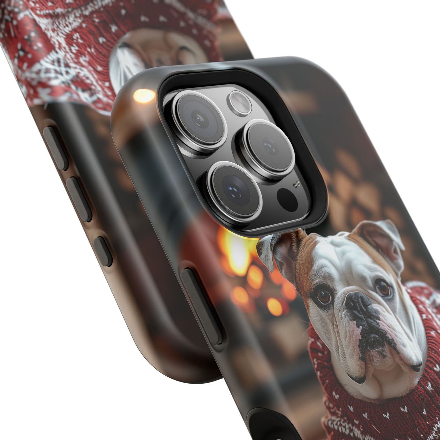 Cozy Bulldog in Sweater MagSafe iPhone Case – Festive Fireplace Protective Cover