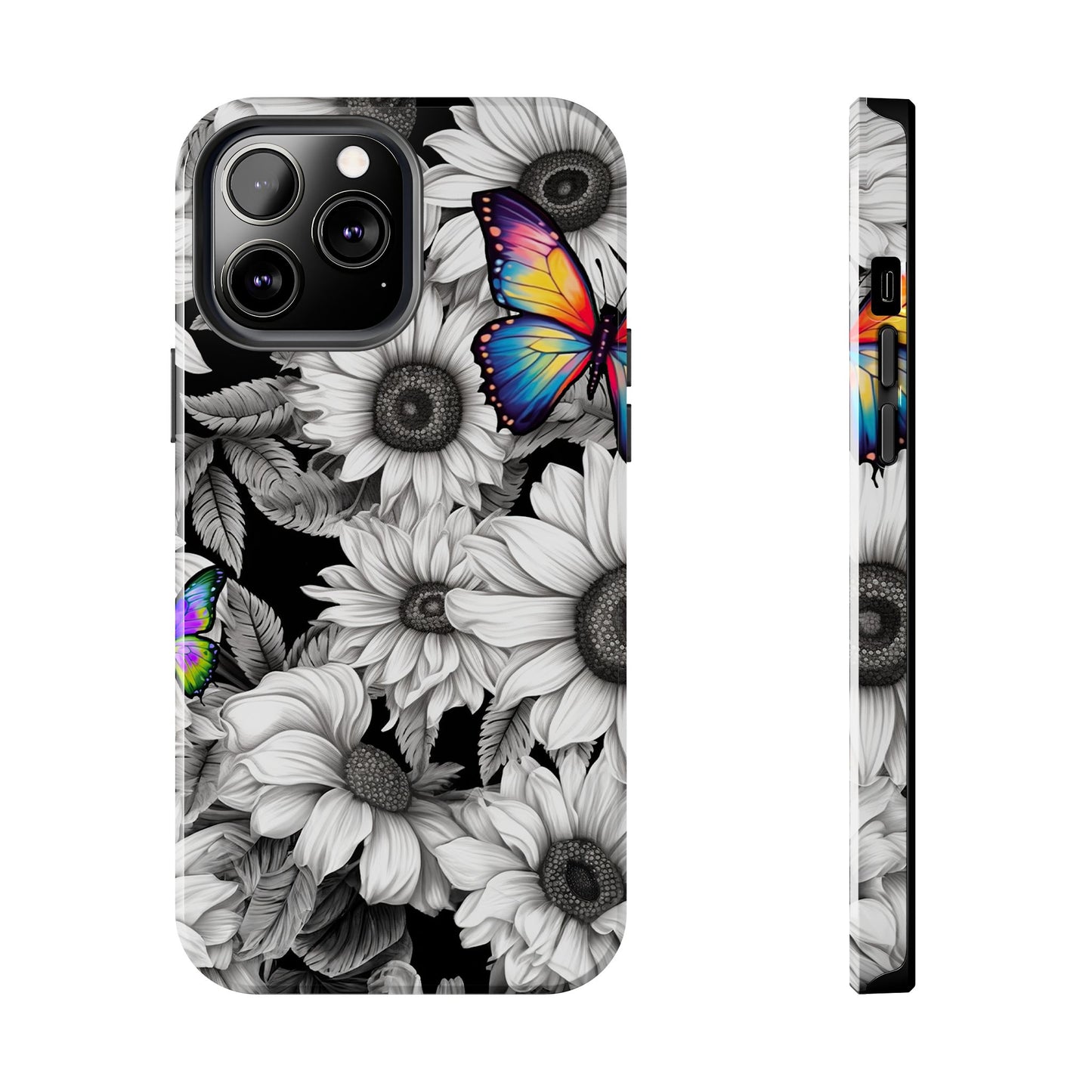 Rainbow Butterflies & Monochrome Sunflowers – iPhone Case