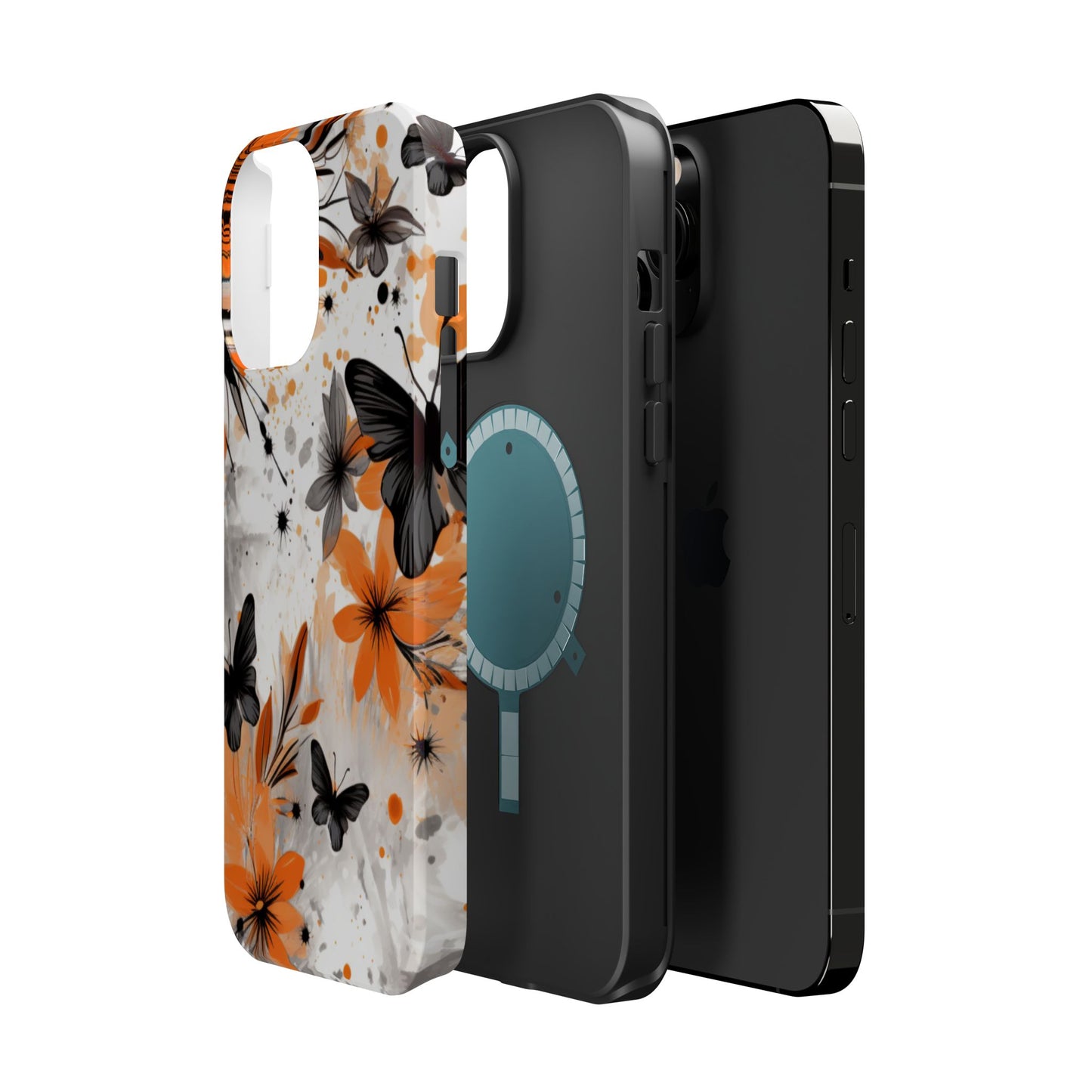 Orange Blossom & Black Butterfly MagSafe iPhone Case – Bold Floral Pattern with Modern Abstract Style