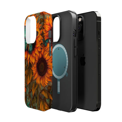 Vintage Blue Butterfly & Sunflower Art – MagSafe iPhone Case