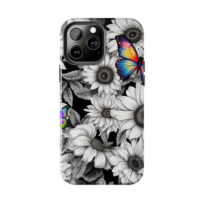 Rainbow Butterflies & Monochrome Sunflowers – iPhone Case