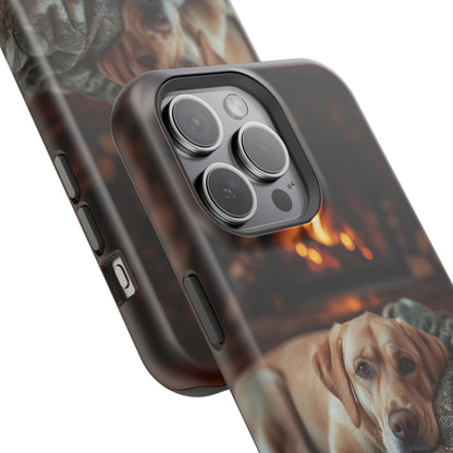 Cozy Labrador by Fireplace MagSafe iPhone Case – Rustic Cabin Protective Cover