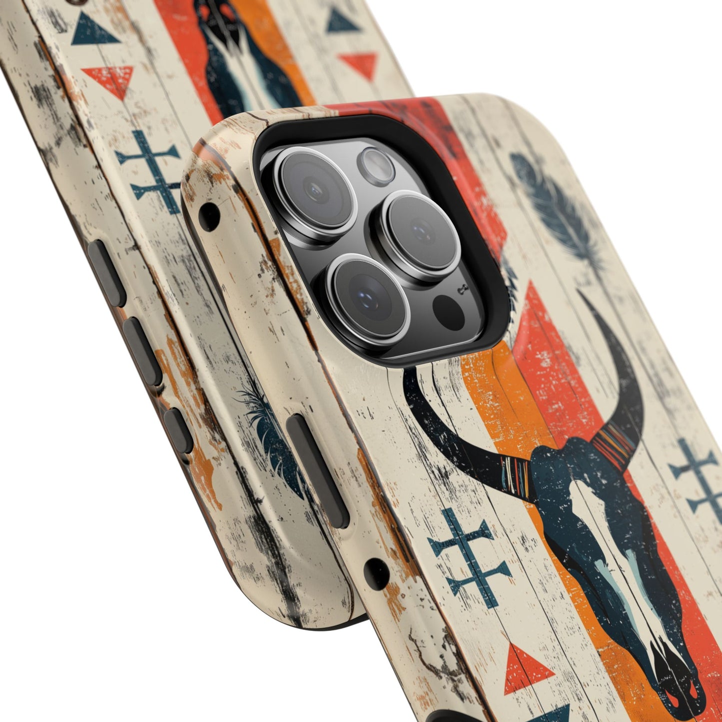 Rustic Western Bull Skull Tough MagSafe iPhone Case – Distressed Wood Design, Dual-Layer Protection