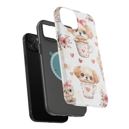 Cute Puppies in Heart MagSafe iPhone Case – Adorable Dog & Floral Design, Shockproof & Slim