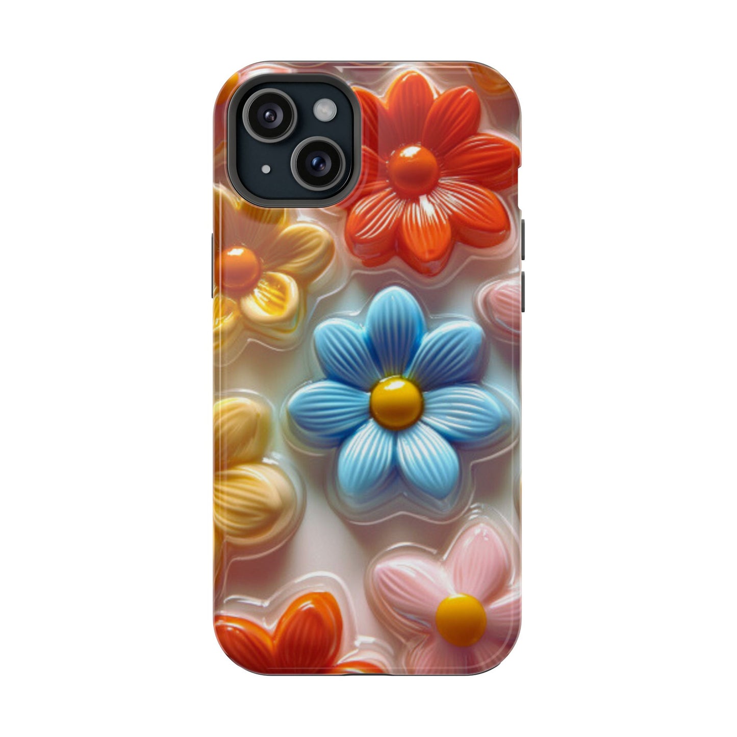 Glossy Retro Flower MagSafe iPhone Case – Colorful 3D Floral Design, Durable Protection