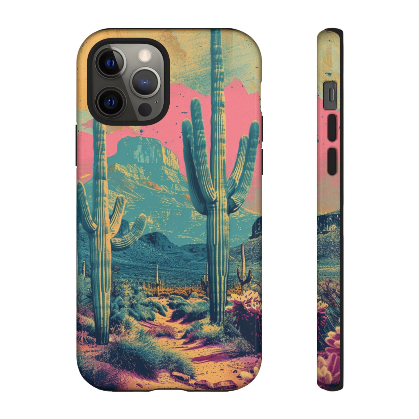 Desert Oasis Retro Cactus Phone Case - Vibrant Sunset Landscape for iPhone 15/14/13/12, Samsung S24/S23/S22/S21, & Google Pixel