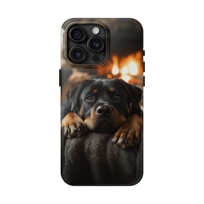 Cozy Rottweiler by the Fireplace iPhone Case – Warm Rustic Design