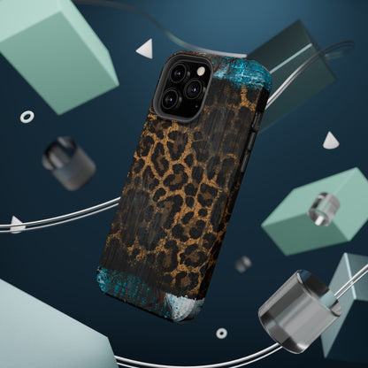 Boho Leopard and Turquoise Tough MagSafe iPhone Case – Rustic Western Design with Dual-Layer Protection