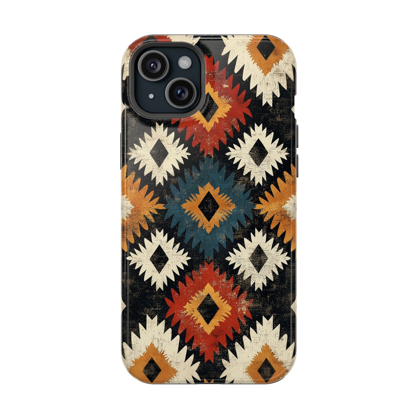 Rustic Tribal Sunburst Tough MagSafe iPhone Case – Vibrant Geometric Design, Dual-Layer Protection