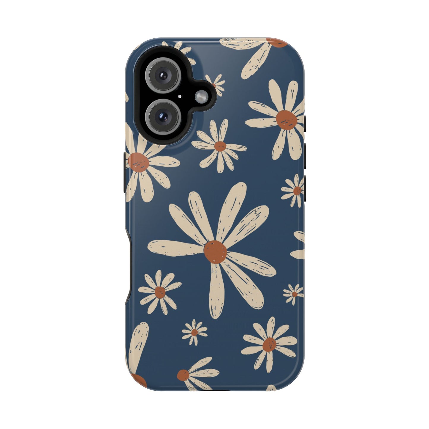 Vintage Daisies MagSafe iPhone Case – Navy Blue Floral Design, Scratch-Resistant with Shock-Absorbing Bumper