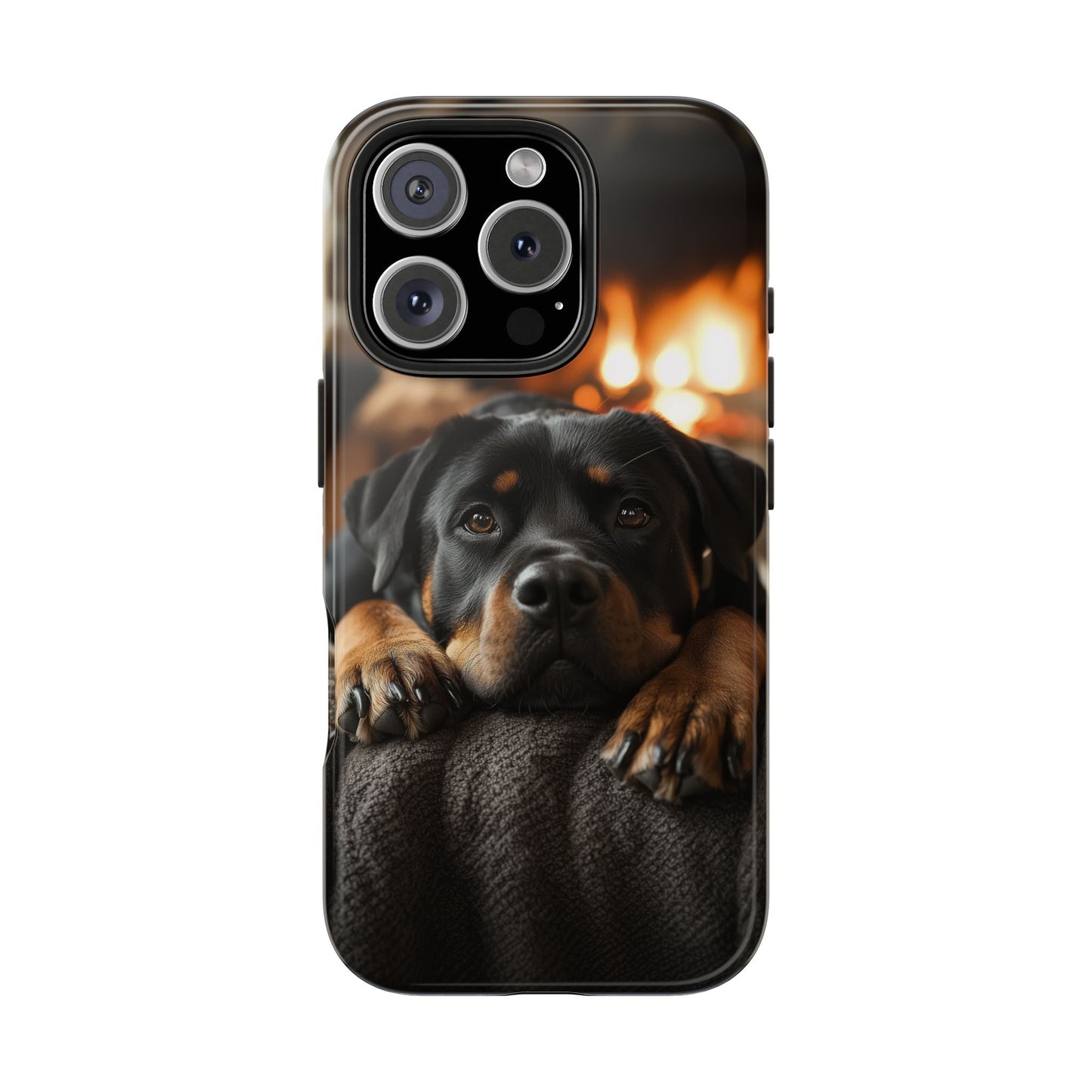 Cozy Rottweiler by the Fireplace iPhone Case – Warm Rustic Design