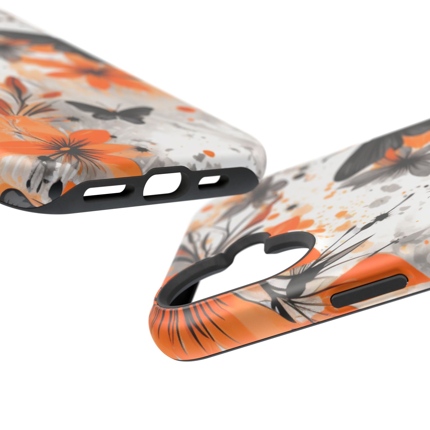 Orange Blossom & Black Butterfly MagSafe iPhone Case – Bold Floral Pattern with Modern Abstract Style