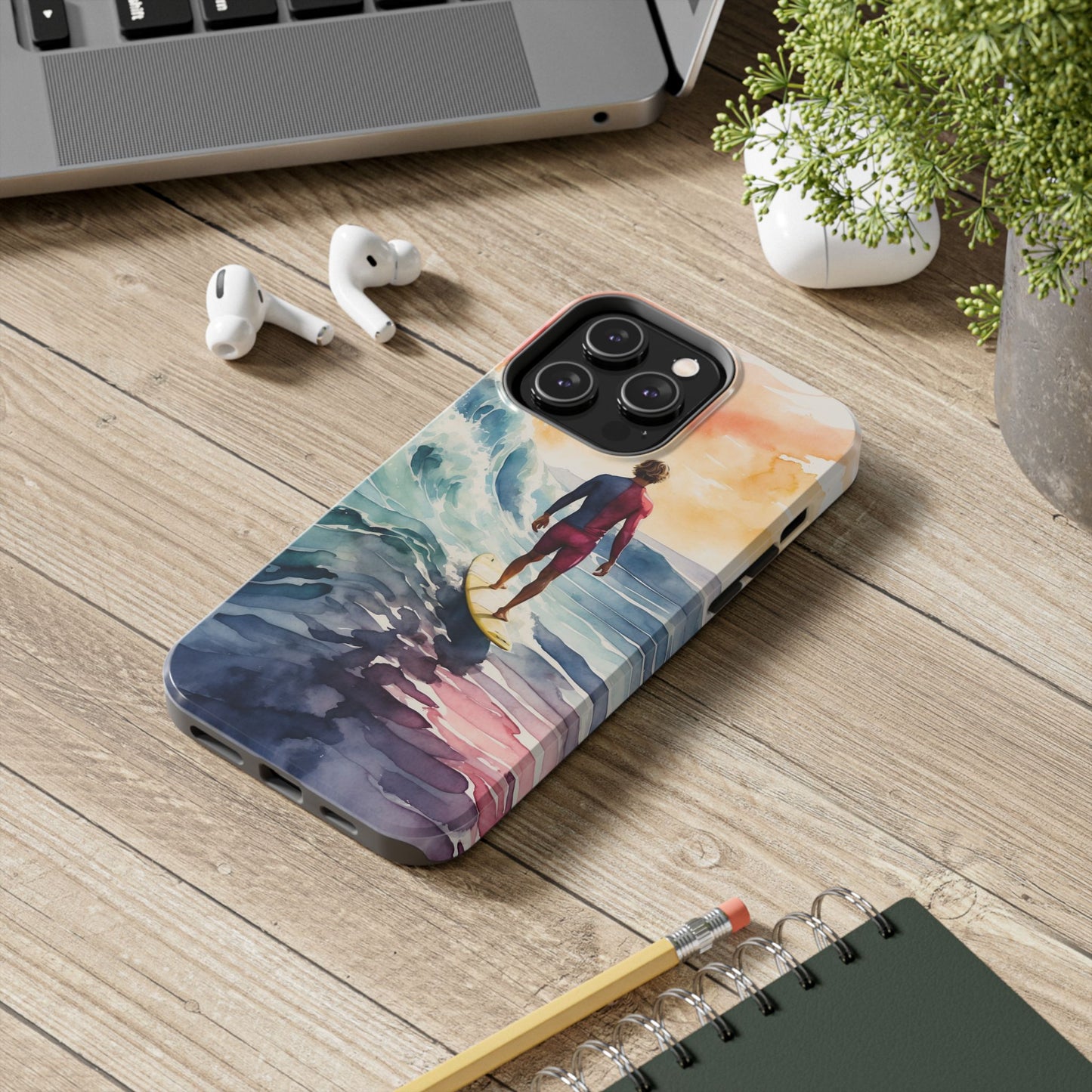 Surfer’s Sunset Wave iPhone Case – Vibrant Watercolor Design