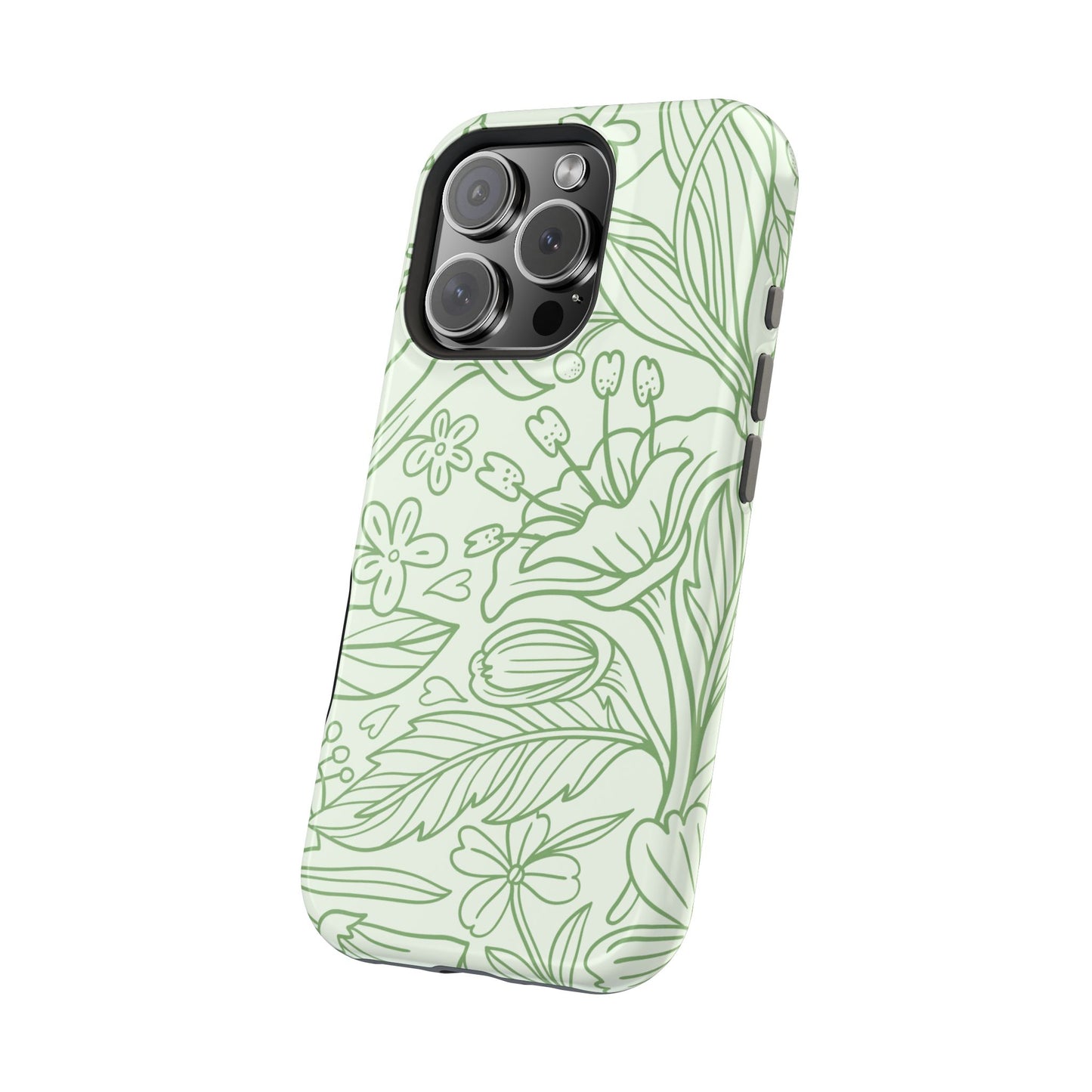 Sage Green Floral Line Art Tough MagSafe iPhone Case – Minimalist Botanical Design with Dual-Layer Protection