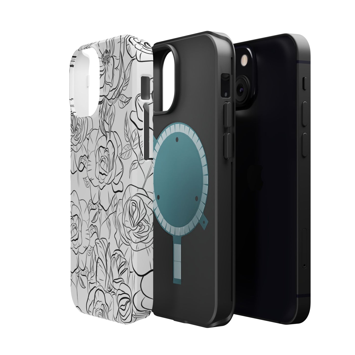 Monochrome Rose Garden Tough MagSafe iPhone Case – Elegant Floral Line Art with Dual-Layer Protection