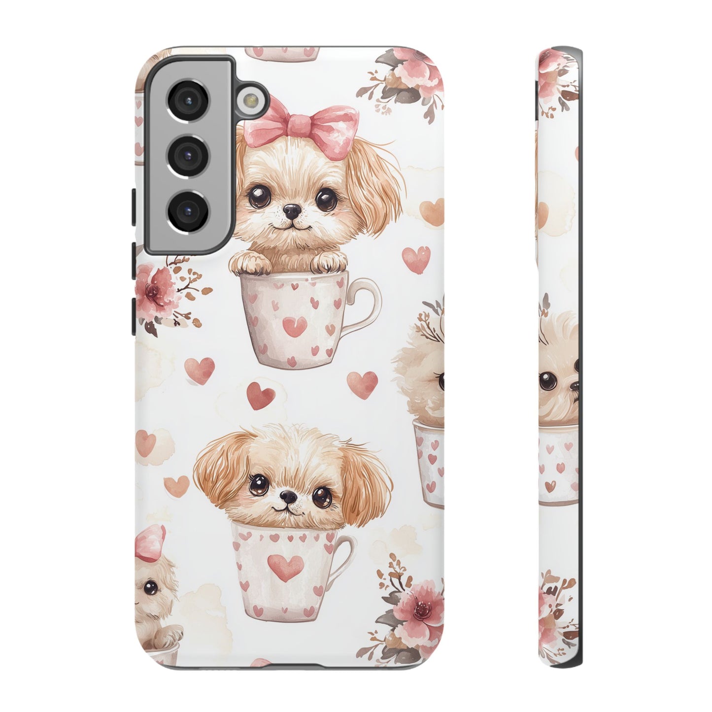 Cute Puppies in Heart Mugs Samsung Galaxy  Case – Adorable Dog & Floral Design, Shockproof & Slim