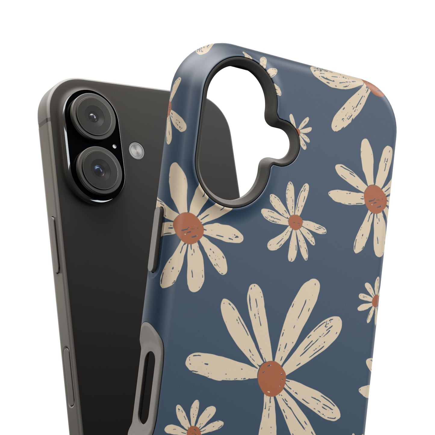 Vintage Daisies MagSafe iPhone Case – Navy Blue Floral Design, Scratch-Resistant with Shock-Absorbing Bumper