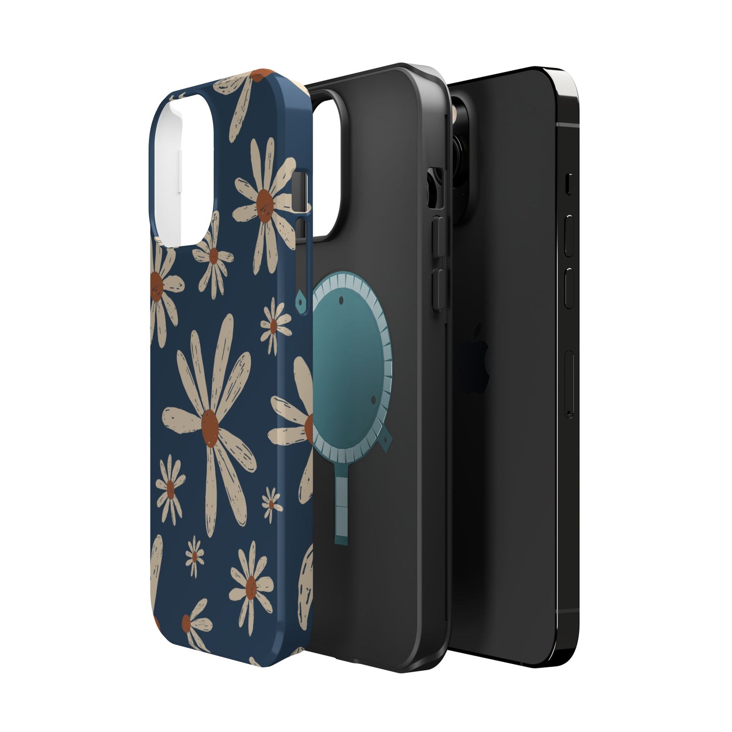 Vintage Daisies MagSafe iPhone Case – Navy Blue Floral Design, Scratch-Resistant with Shock-Absorbing Bumper