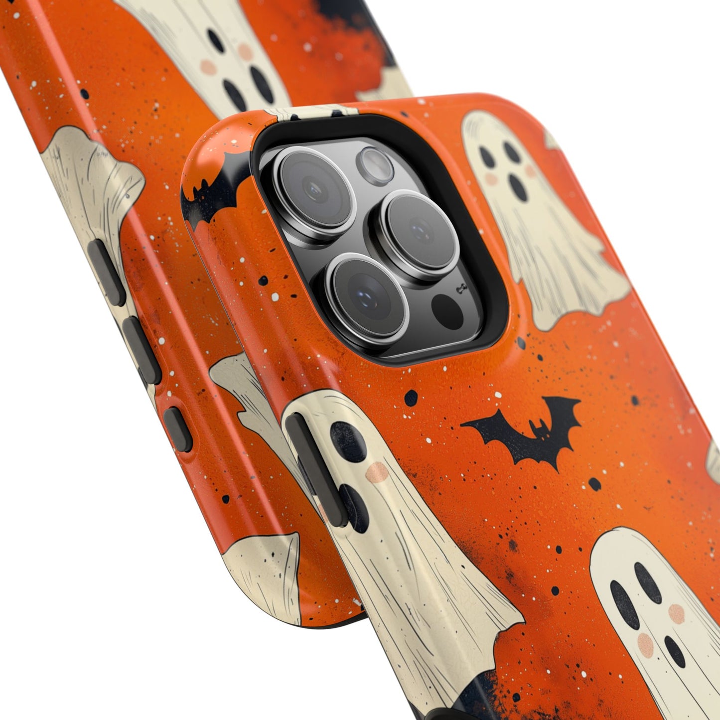 Spooky Ghosts & Bats  MagSafe iPhone Case – Vibrant Orange Halloween Design