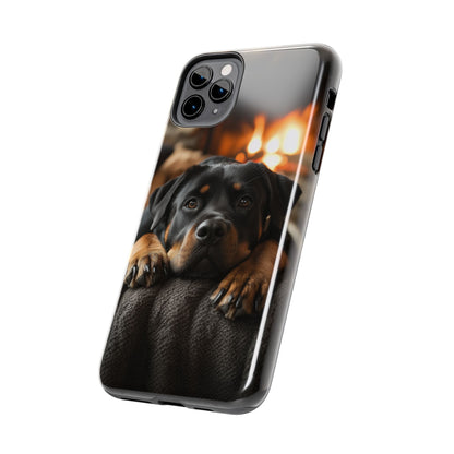 Cozy Rottweiler by the Fireplace iPhone Case – Warm Rustic Design