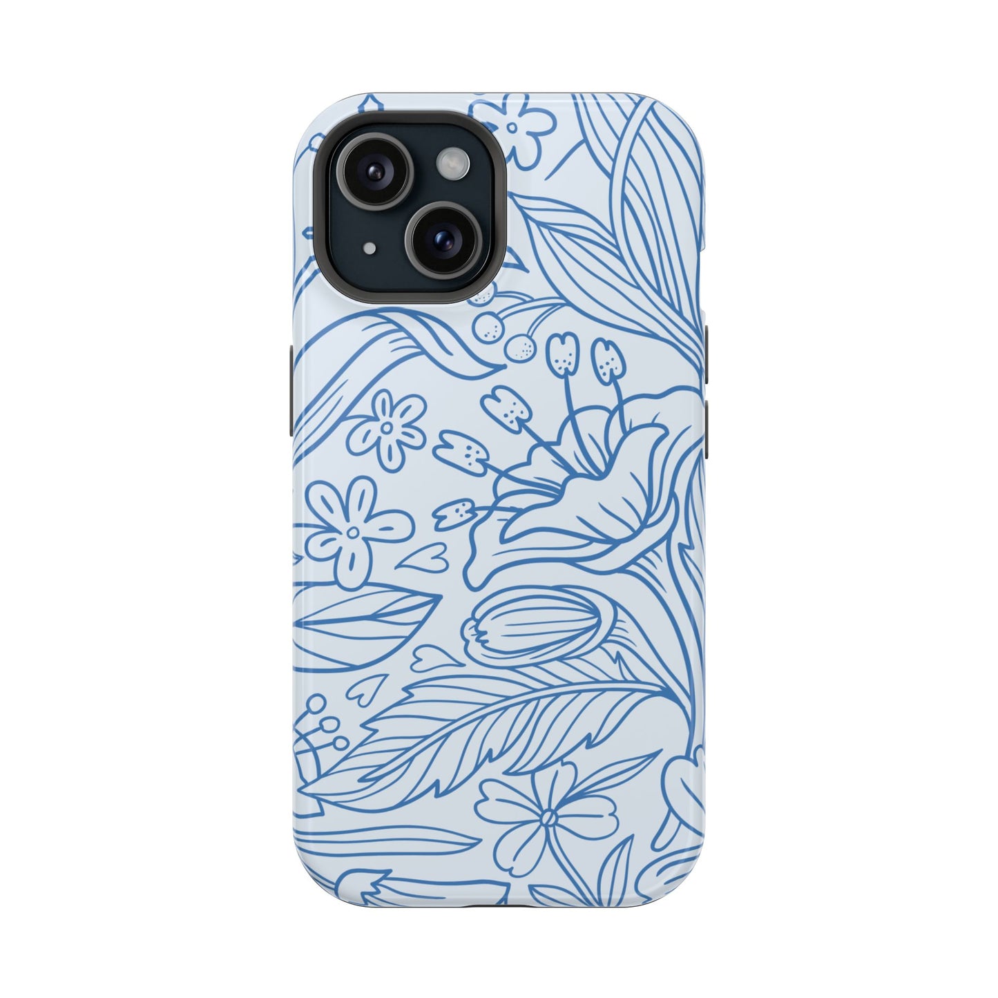 Dusty Blue Floral Line Art Tough MagSafe iPhone Case – Minimalist Botanical Design with Dual-Layer Protection