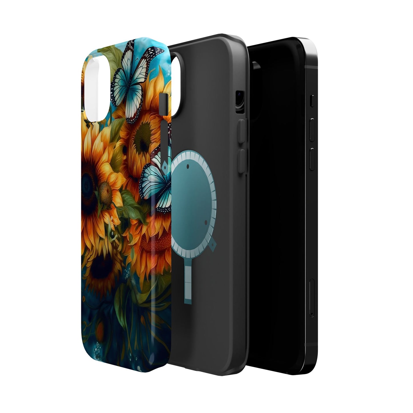 Aqua Blue Butterfly & Sunflower Art – MagSafe iPhone Case