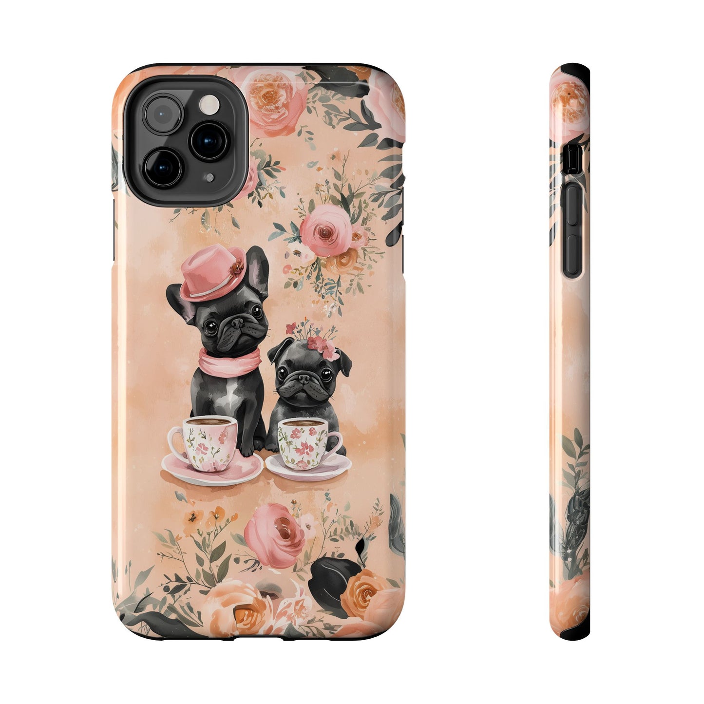 Floral French Bulldogs iPhone Case – Elegant Dog Design with Tea Cups & Roses, Shockproof Protection - BOGO Cases