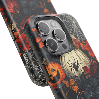 Hauntingly Elegant Halloween MagSafe iPhone Case – Pumpkins, Spiders, and Autumn Leaves Design