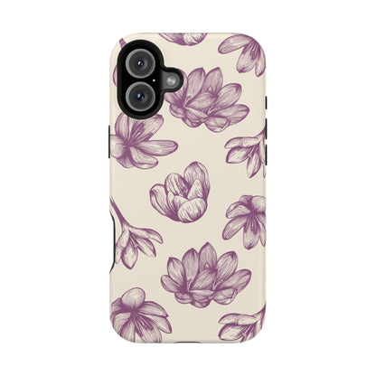 Vintage Botanical Floral Tough MagSafe iPhone Case – Hand-Drawn Purple Flowers, Shockproof Design