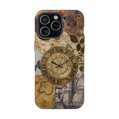 Steampunk Vintage Adventure MagSafe iPhone Case – Dual-Layer Protection with Antique Map and Clock Design