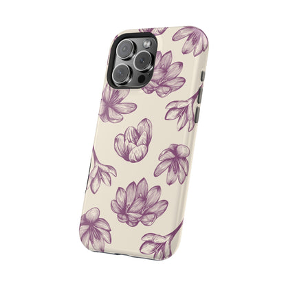 Vintage Botanical Floral Tough MagSafe iPhone Case – Hand-Drawn Purple Flowers, Shockproof Design