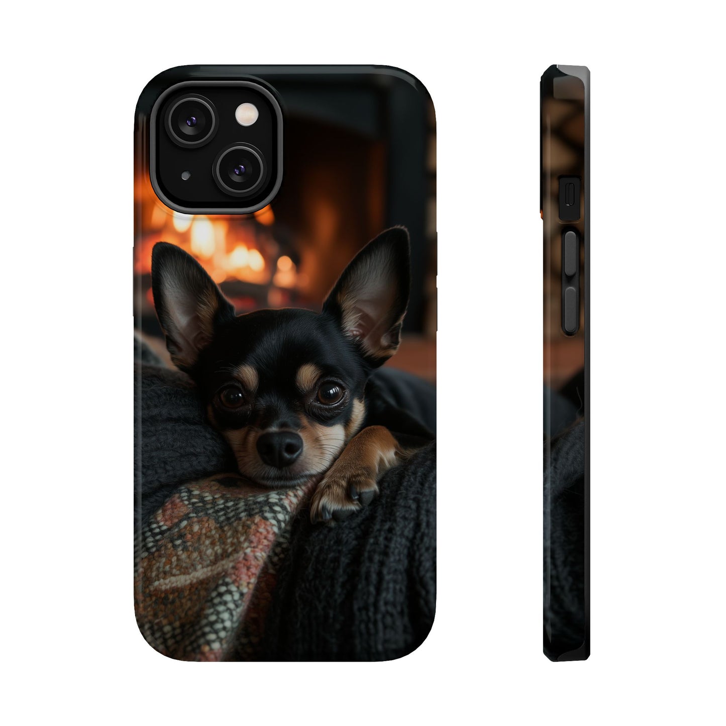 Cozy Chihuahua Fireplace MagSafe iPhone Case – Elegant and Functional Design