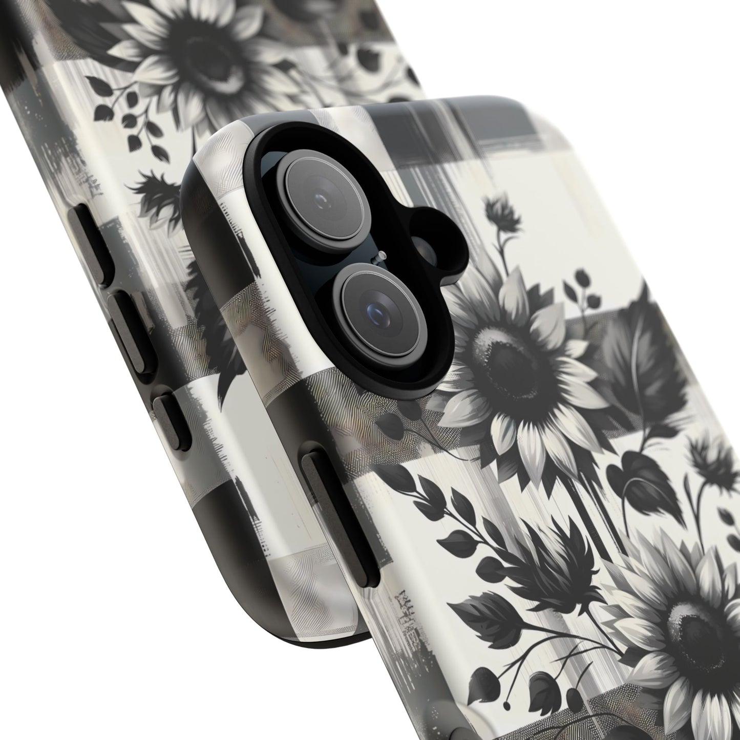 Black/White Sunflower Plaid Phone Case - Chic Noir Sunflower Plaid - Premium Protective Phone Case For iPhone, Samsung Galaxy, & Google. - BOGO Cases