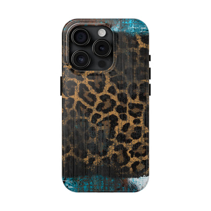 Boho Leopard and Turquoise Tough iPhone Case – Rustic Western Design with Dual-Layer Protection