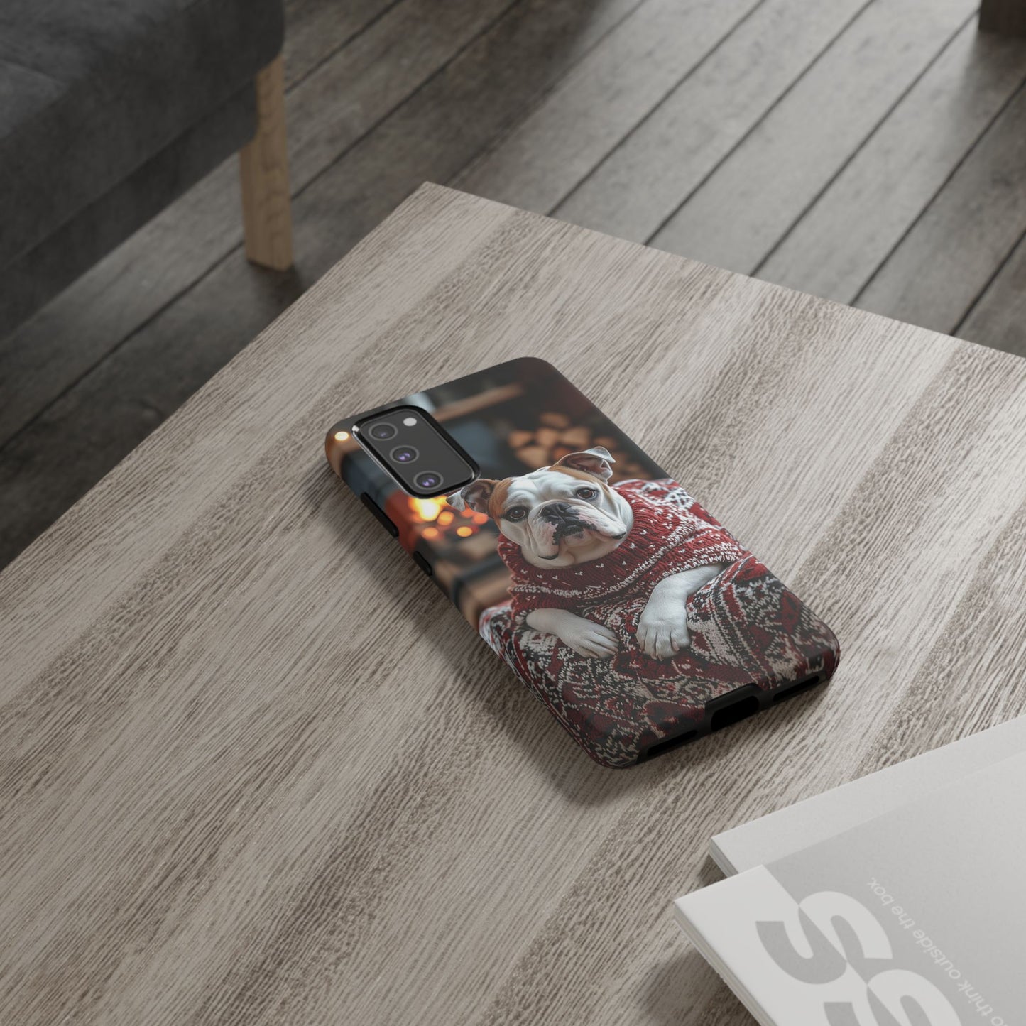 Cozy Bulldog in Sweater Samsung Galaxy Case – Festive Fireplace Protective Cove