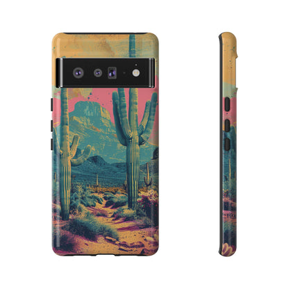 Desert Oasis Retro Cactus Phone Case - Vibrant Sunset Landscape for iPhone 15/14/13/12, Samsung S24/S23/S22/S21, & Google Pixel