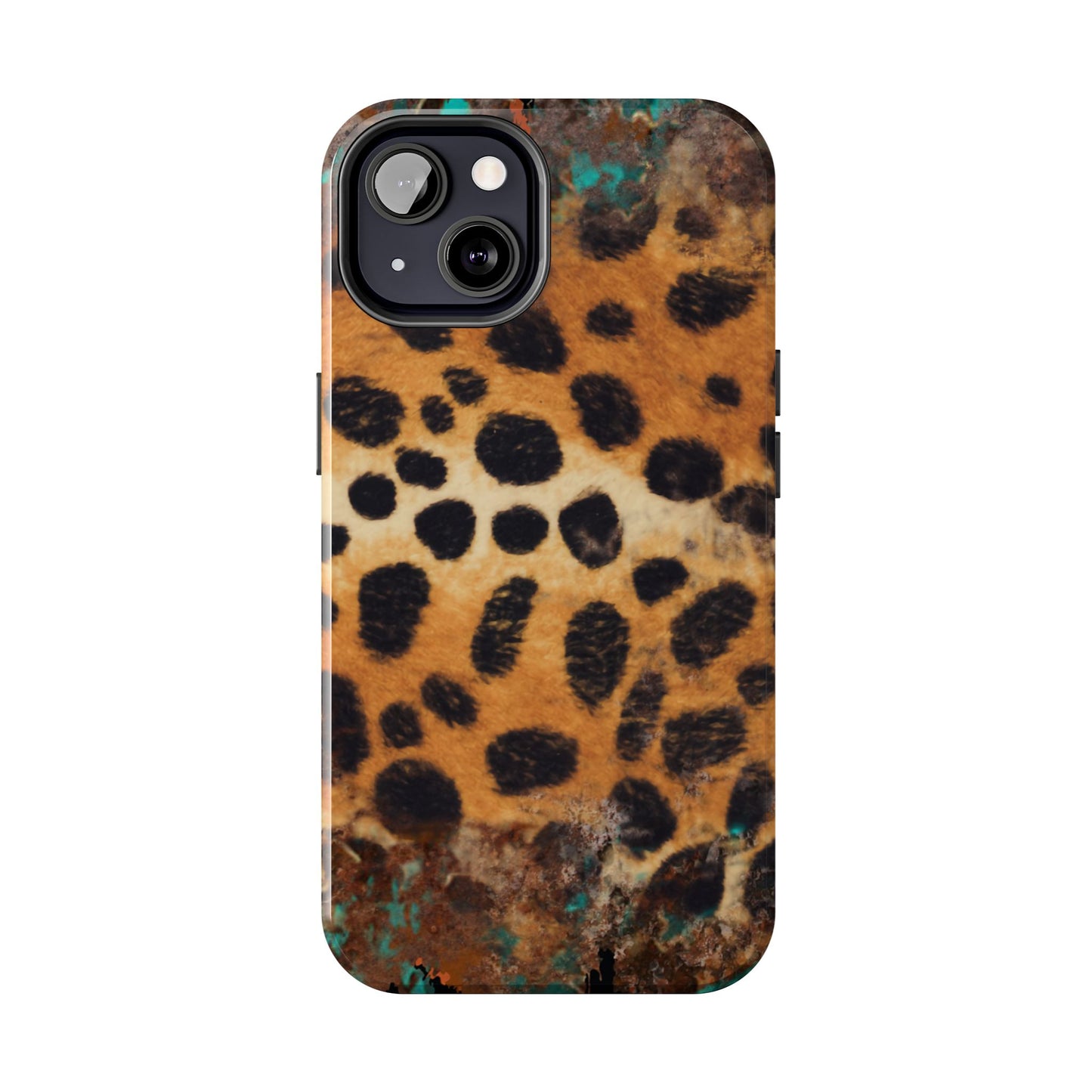 Rustic Leopard Print Tough iPhone Case – Distressed Turquoise and Animal Pattern with Dual-Layer Protection