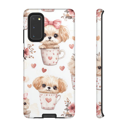 Cute Puppies in Heart Mugs Samsung Galaxy Case – Adorable Dog & Floral Design, Shockproof & Slim - BOGO Cases