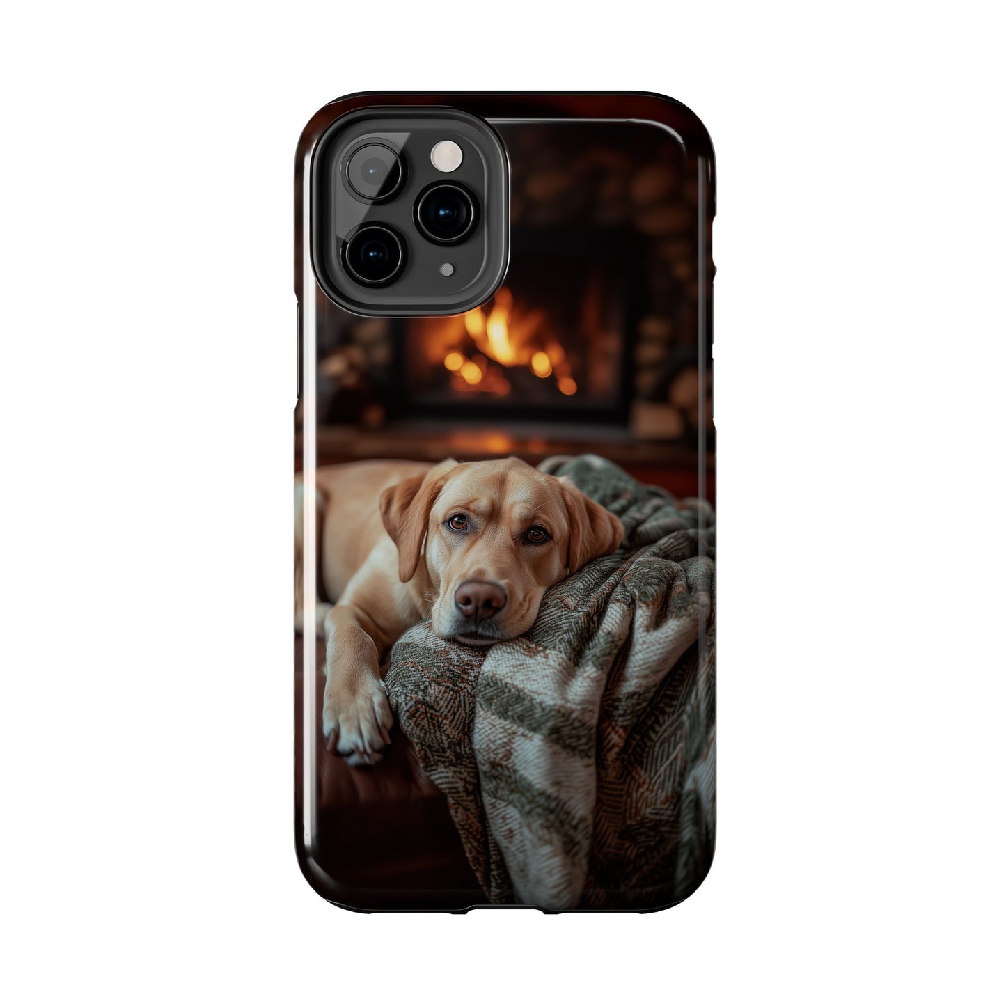 Cozy Labrador by Fireplace iPhone Case – Rustic Cabin Protective Cover