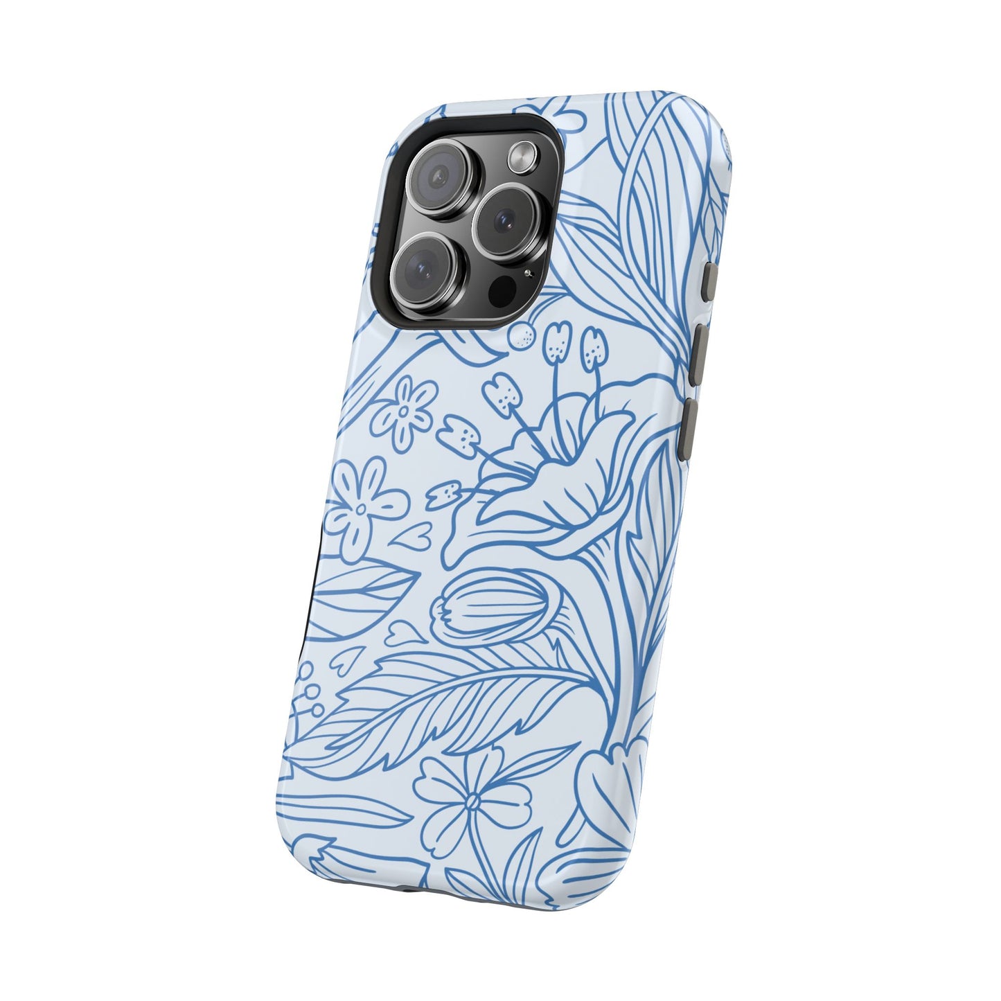 Dusty Blue Floral Line Art Tough MagSafe iPhone Case – Minimalist Botanical Design with Dual-Layer Protection