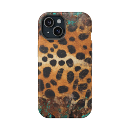 Rustic Leopard Print Tough MagSafe iPhone Case – Distressed Turquoise and Animal Pattern with Dual-Layer Protection