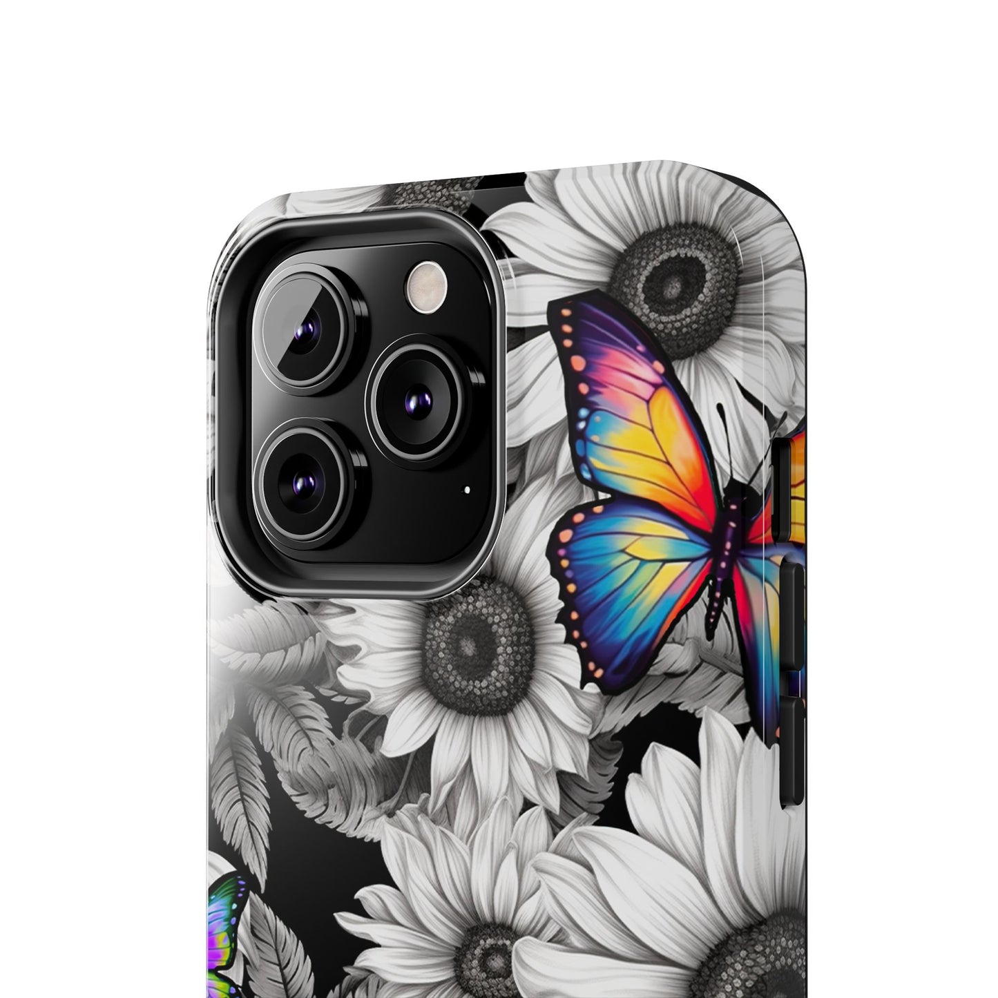 Rainbow Butterflies & Monochrome Sunflowers – iPhone Case