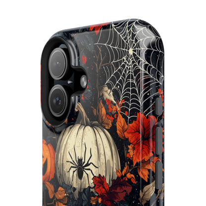 Hauntingly Elegant Halloween MagSafe iPhone Case – Pumpkins, Spiders, and Autumn Leaves Design